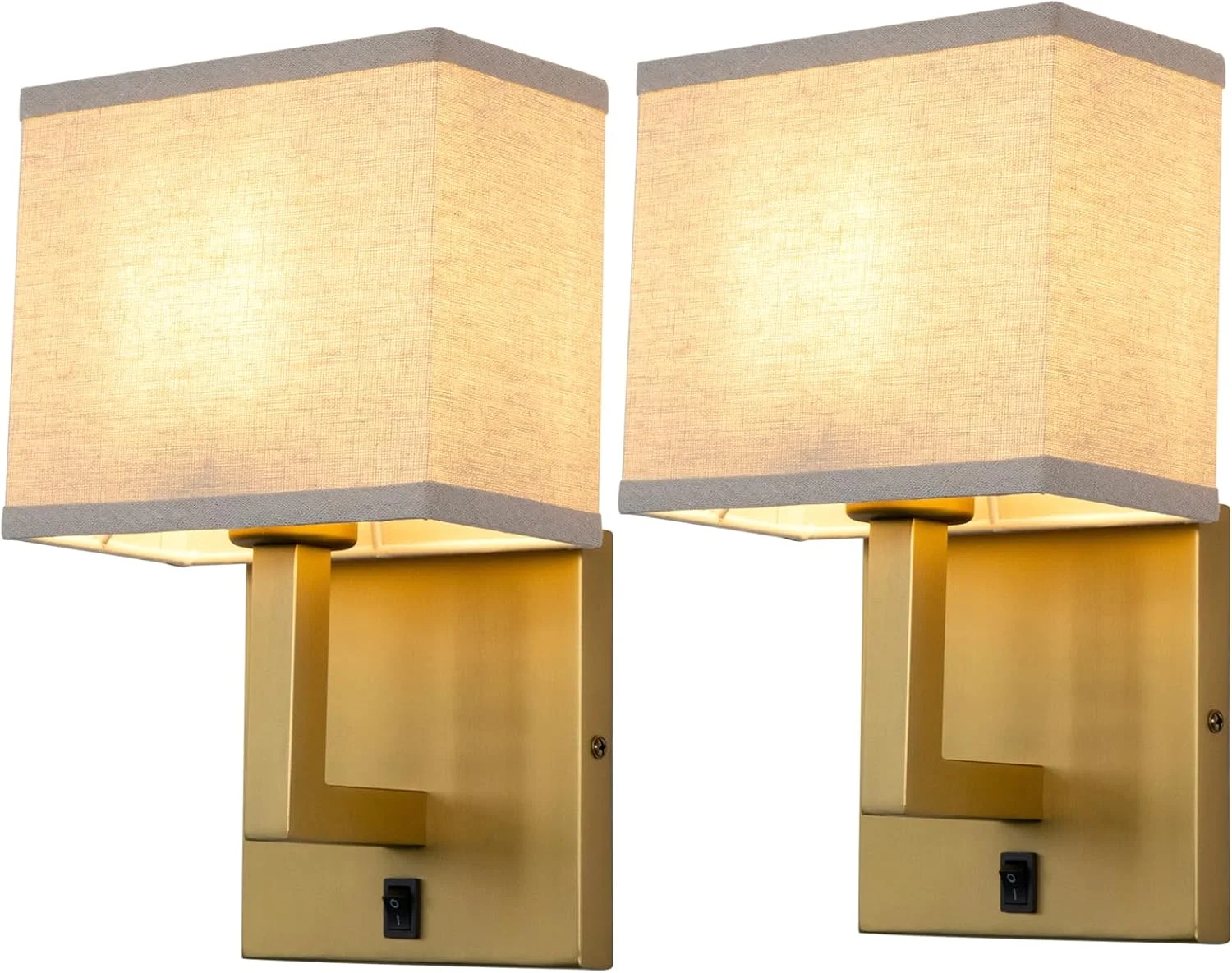 چراغ دیواری صنعتی وینتیج Permo، ست 2 عددی، چراغ خواب دیواری داخلی با سایه پارچه ای مربعی و کلید روشن/خاموش برای اتاق خواب، کنار تخت، مطالعه، اتاق نشیمن (برنجی عتیقه)