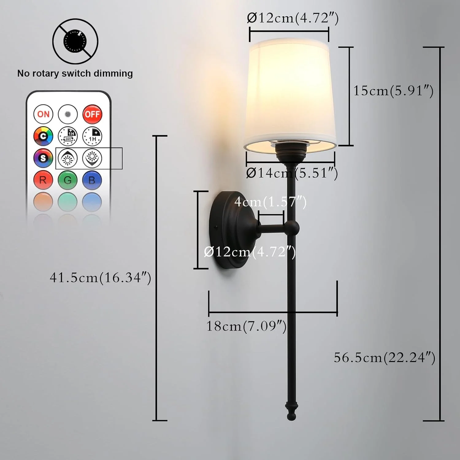 ست 2 عددی چراغ دیواری صنعتی وینتیج Permo، چراغ دیواری سیمی با کنترل از راه دور و لامپ های کم نور، روشنایی آباژور پارچه ای سفید برای اتاق خواب، اتاق نشیمن، راهرو (مشکی)