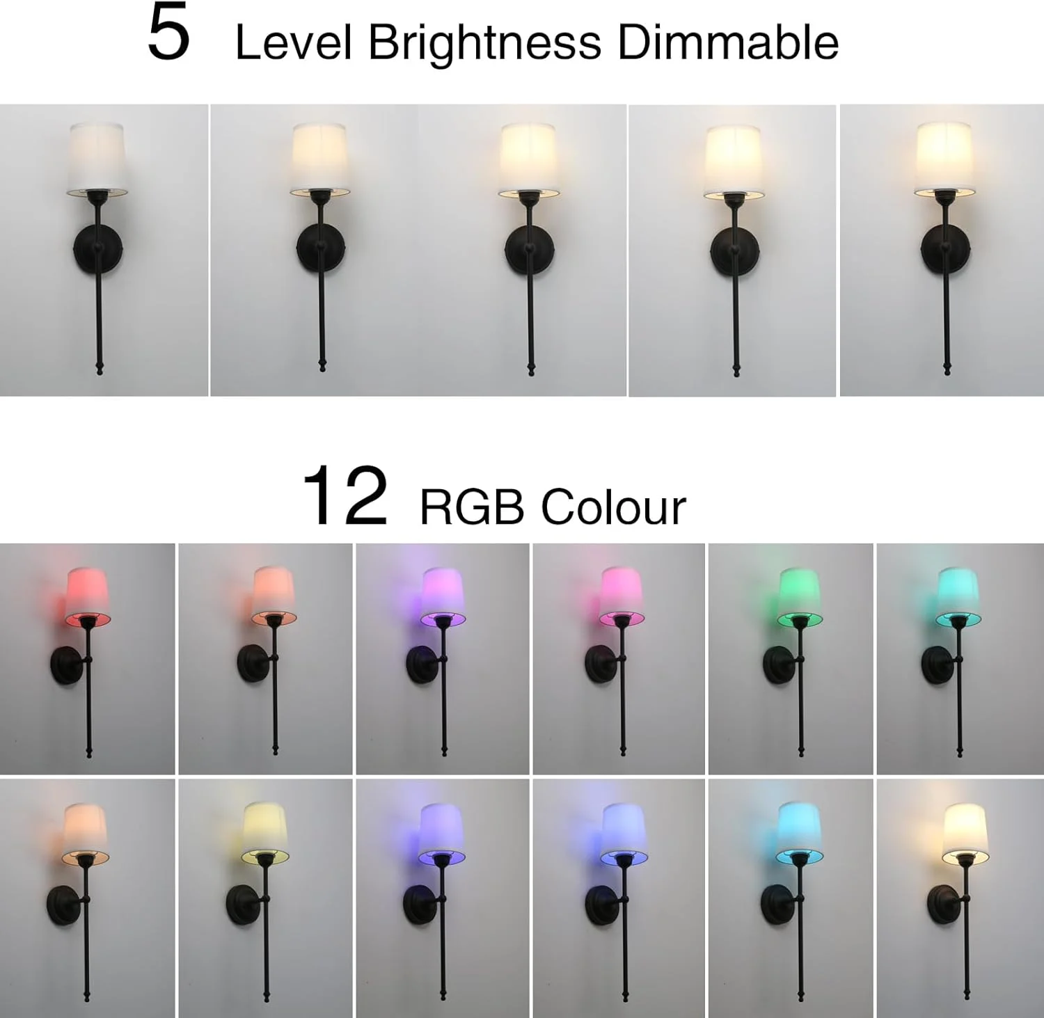 ست 2 عددی چراغ دیواری صنعتی وینتیج Permo، چراغ دیواری سیمی با کنترل از راه دور و لامپ های کم نور، روشنایی آباژور پارچه ای سفید برای اتاق خواب، اتاق نشیمن، راهرو (مشکی)