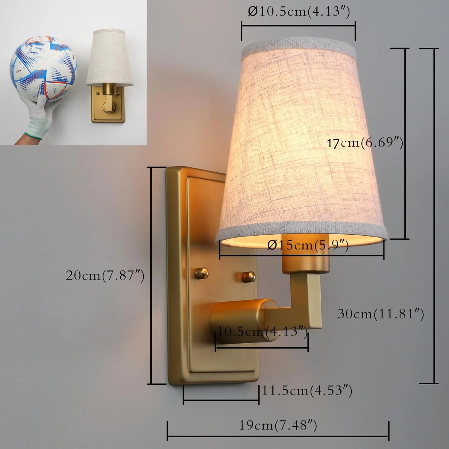 چراغ دیواری صنعتی و قدیمی Permo، چراغ دیواری داخلی با سایه پارچه ای قیفی شکل، چراغ کنار تختی برای اتاق خواب، کنار تخت، اتاق نشیمن (کتانی)