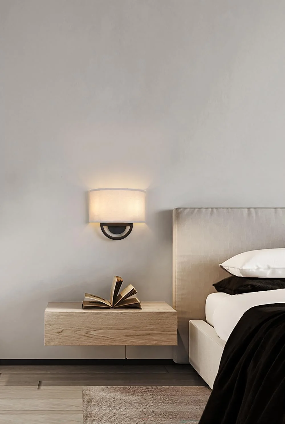 چراغ دیواری دو شاخه پرمو با سبک صنعتی و قدیمی، چراغ خواب با سایه پارچه ای نیم دایره ای کتانی برای اتاق خواب، اتاق نشیمن، اتاق غذاخوری و راهرو