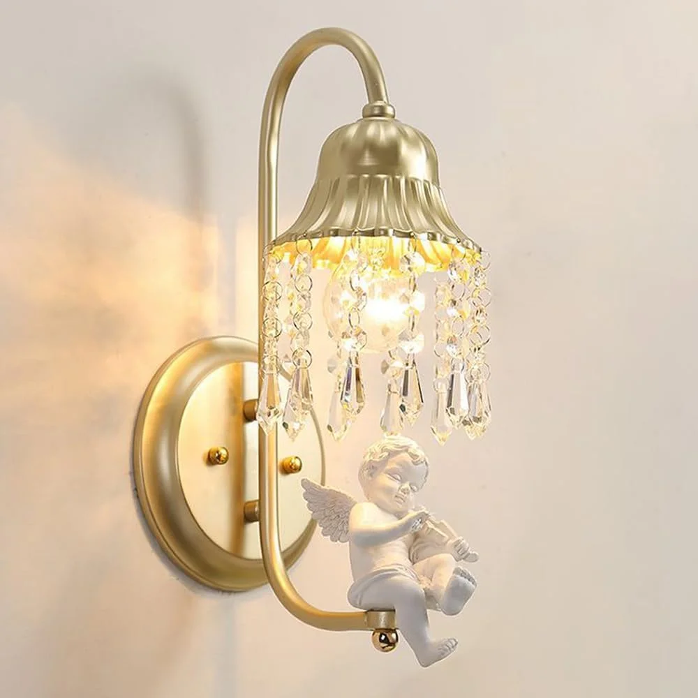 چراغ دیواری کریستالی وینتیج، چراغ دیواری طلایی با مجسمه فرشته رزینی سفید، چراغ های دیواری برای اتاق خواب، اتاق نشیمن، چراغ روشویی حمام