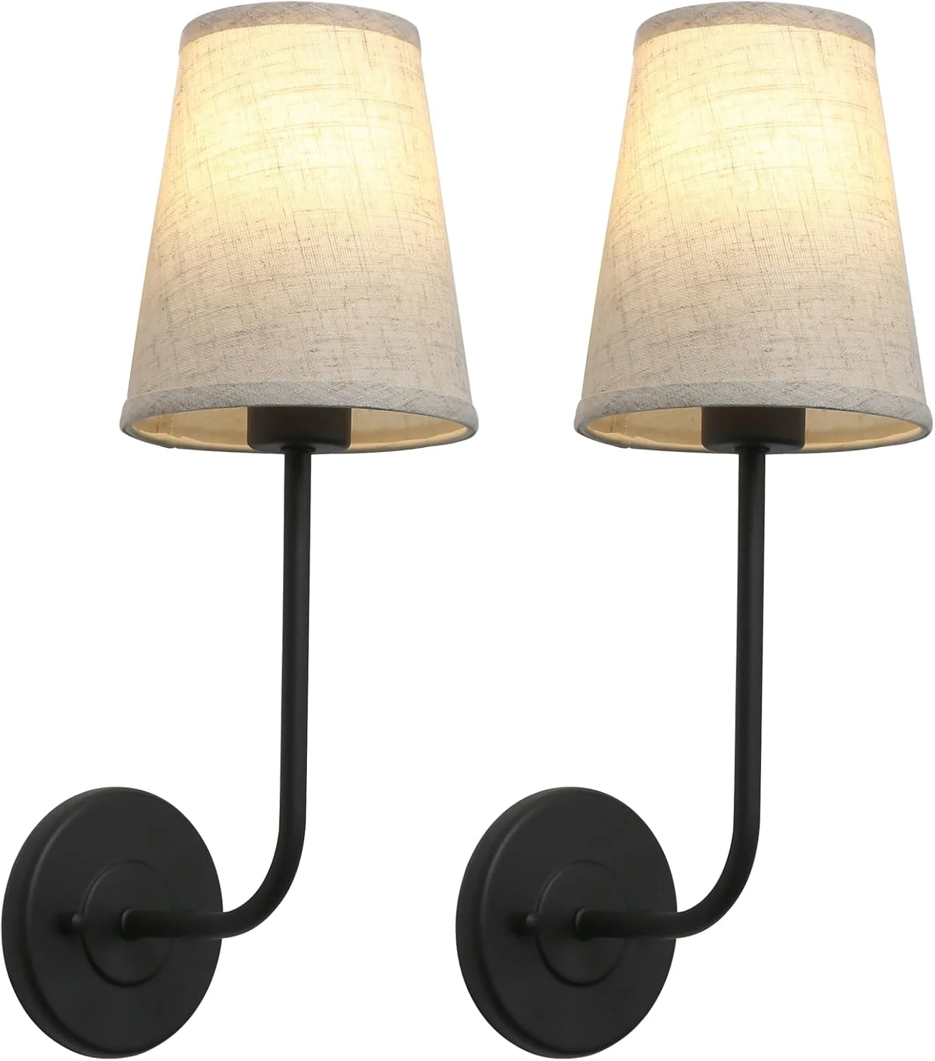 ست 2 عددی چراغ دیواری شمعدانی روستایی و قدیمی Permo با سایه بان پارچه ای کتان قیفی شکل، چراغ های کنار تختی برای اتاق خواب، مطالعه کنار تخت (مشکی)