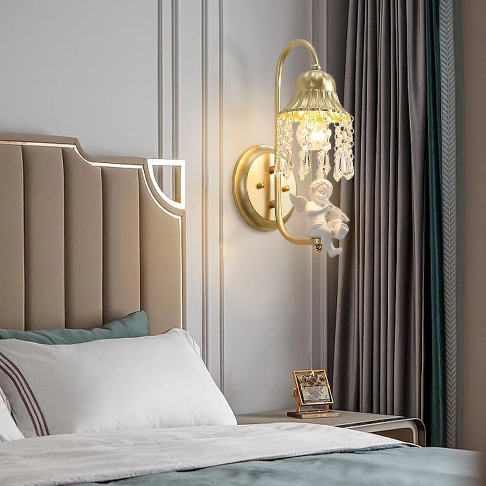 چراغ دیواری کریستالی وینتیج، چراغ دیواری طلایی با مجسمه فرشته رزینی سفید، چراغ های دیواری برای اتاق خواب، اتاق نشیمن، چراغ روشویی حمام