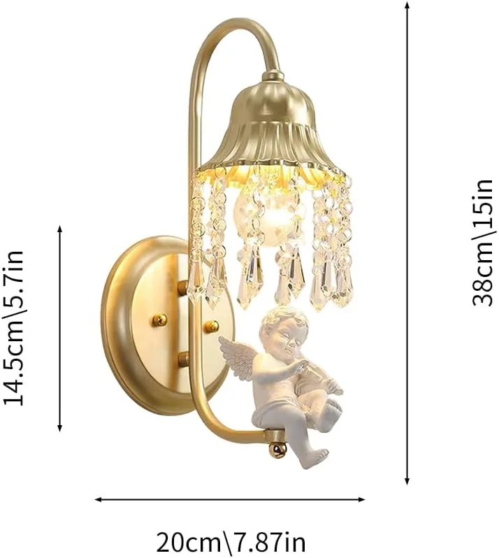 چراغ دیواری کریستالی وینتیج، چراغ دیواری طلایی با مجسمه فرشته رزینی سفید، چراغ های دیواری برای اتاق خواب، اتاق نشیمن، چراغ روشویی حمام