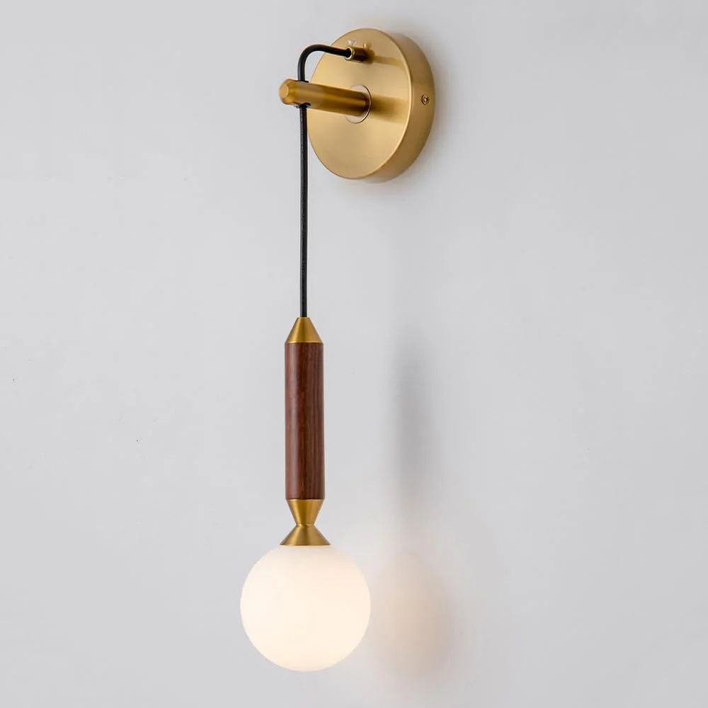 چراغ دیواری کروی شیشه ای، چراغ دیواری طلایی وینتیج با دکور چوبی، چراغ آویز دیواری قابل تنظیم ارتفاع، چراغ دیواری برای کنار تخت خواب، اتاق خواب، راهروی داخلی