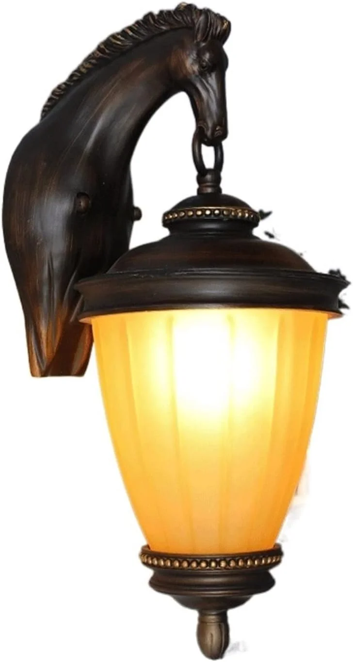 چراغ دیواری بیرونی فلزی آلومینیومی وینتیج، چراغ دیواری سر اسب چوبی جامد، فانوس شیشه ای ضد آب