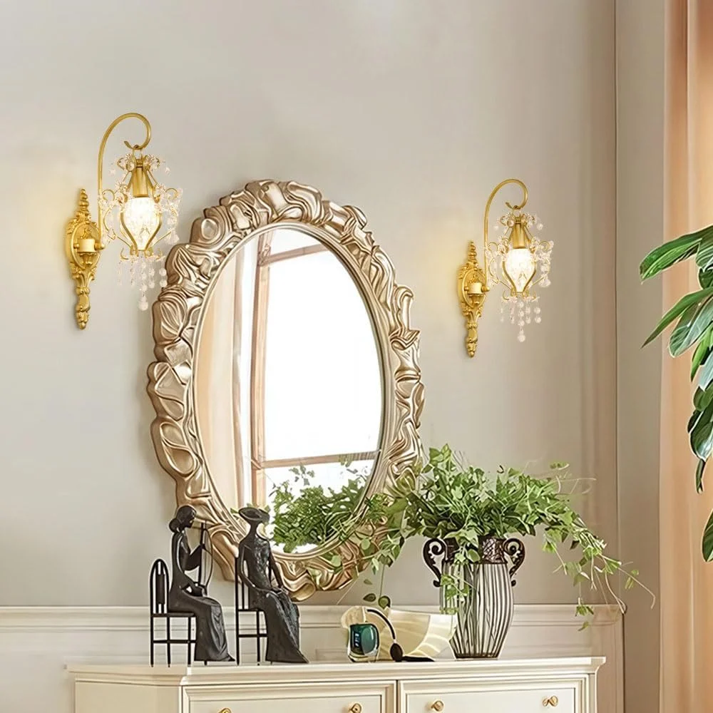 چراغ دیواری وینتیج با تزیینات کریستال K9، شمعدان های طلایی رترو، چراغ روشنایی دیوار، چراغ روشویی عتیقه حمام، چراغ های دیواری برای دکور اتاق خواب، راهرو، اتاق نشیمن، سرپیچ E14