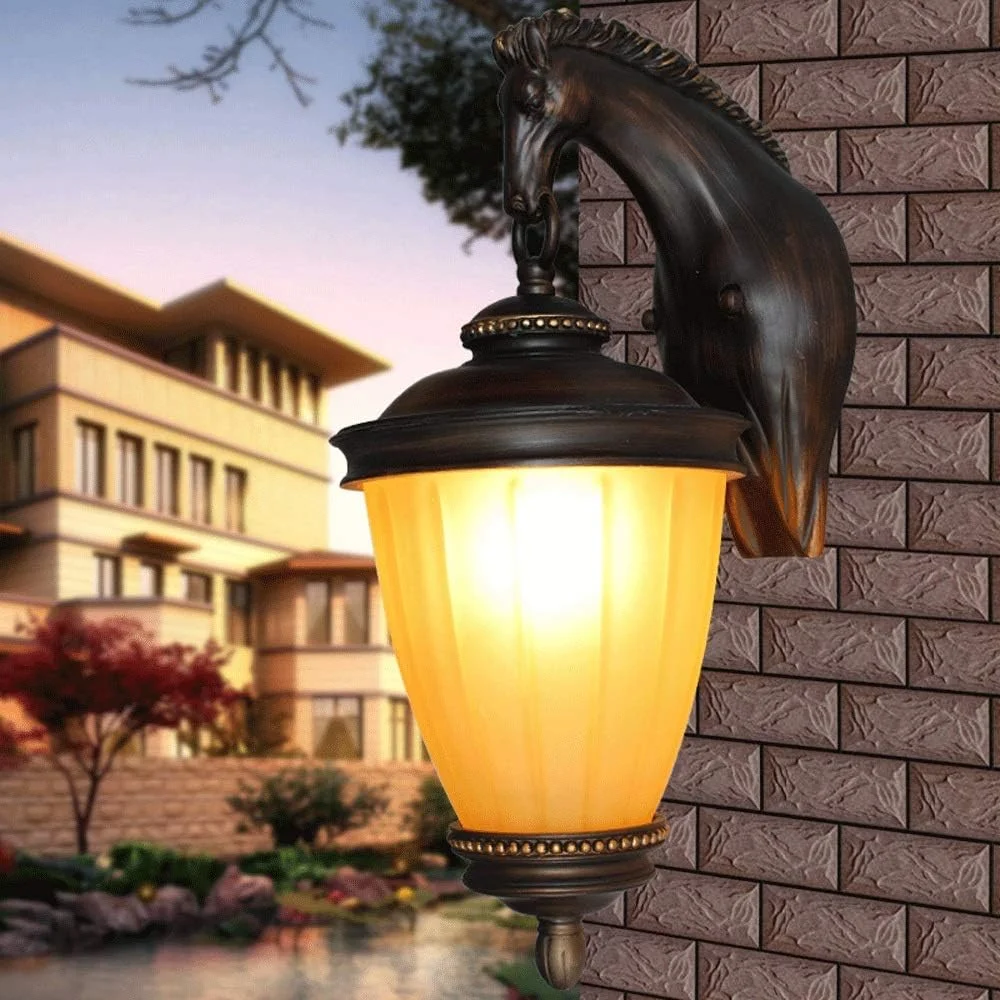 چراغ دیواری بیرونی فلزی آلومینیومی وینتیج، چراغ دیواری سر اسب چوبی جامد، فانوس شیشه ای ضد آب