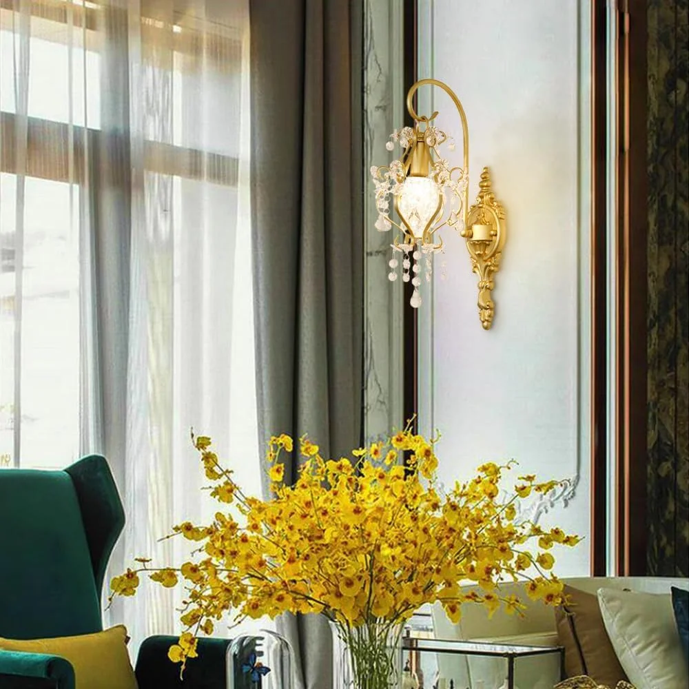 چراغ دیواری وینتیج با تزیینات کریستال K9، شمعدان های طلایی رترو، چراغ روشنایی دیوار، چراغ روشویی عتیقه حمام، چراغ های دیواری برای دکور اتاق خواب، راهرو، اتاق نشیمن، سرپیچ E14