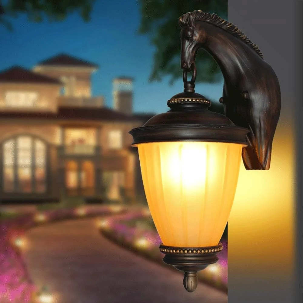 چراغ دیواری بیرونی فلزی آلومینیومی وینتیج، چراغ دیواری سر اسب چوبی جامد، فانوس شیشه ای ضد آب