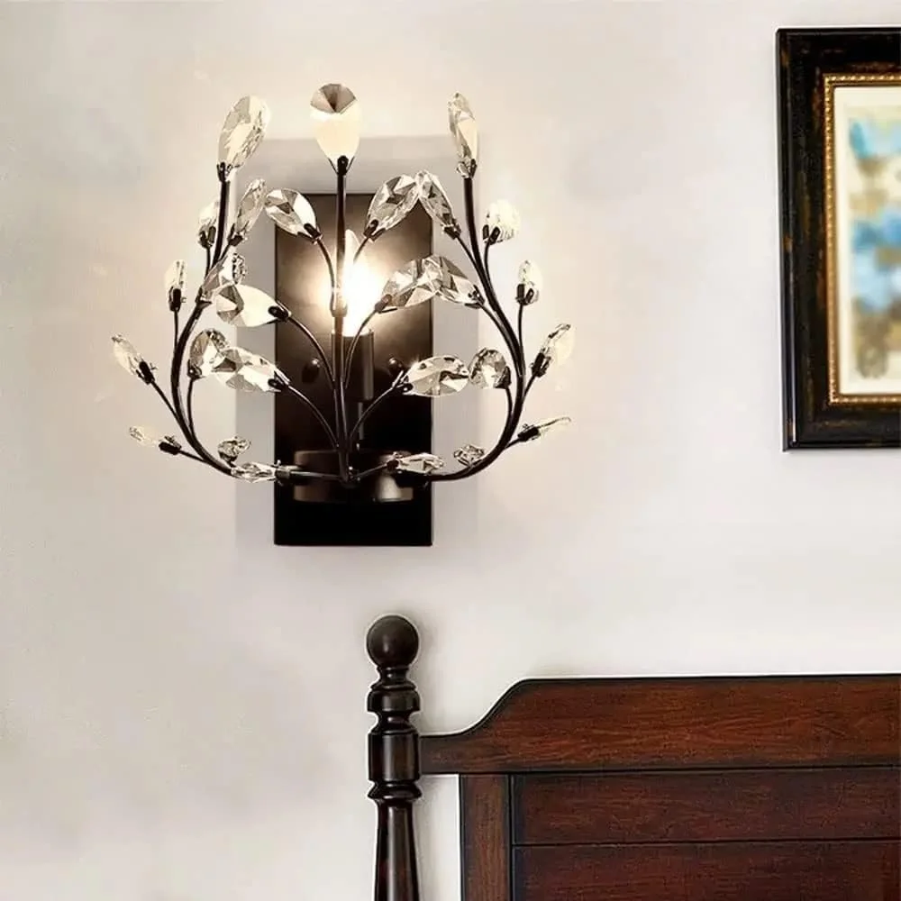 چراغ دیواری شمعدانی کریستالی سبک قدیمی، چراغ دیواری کریستالی فرفورژه خلاقانه برای اتاق ناهارخوری، اتاق نشیمن، رستوران، ایوان، اتاق خواب (مشکی) (مشکی)