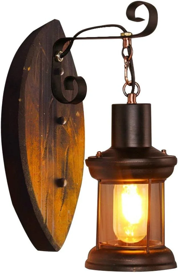 چراغ دیواری دکوراتیو لوفت وینتیج OUKA، چراغ دیوارکوب روستیک، پایه لامپ ادیسون E27 ساخته شده از چوب، آهن و شیشه