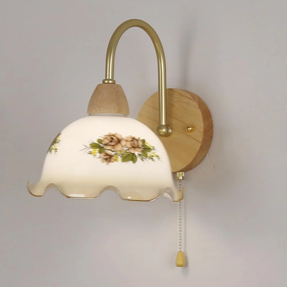 چراغ دیواری گل شیشه شیری وینتیج با گردن غازی و چوب روستایی، چراغ دیواری مدرن اواسط قرن برای اتاق خواب، کنار تخت، حمام، اتاق نشیمن، آشپزخانه / با کلید کششی