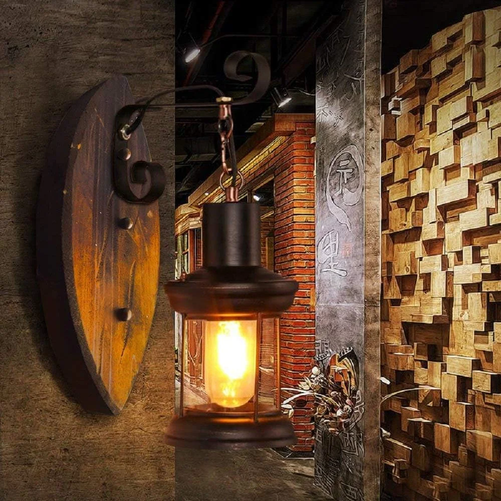 چراغ دیواری دکوراتیو لوفت وینتیج OUKA، چراغ دیوارکوب روستیک، پایه لامپ ادیسون E27 ساخته شده از چوب، آهن و شیشه