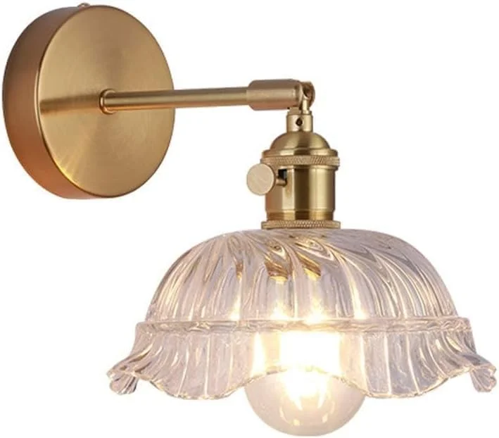 چراغ دیواری LED شیشه ای، چراغ دیواری تک لامپ طرح قدیمی با پایه برنجی طلایی، مناسب برای اتاق خواب، حمام، آشپزخانه و راهرو