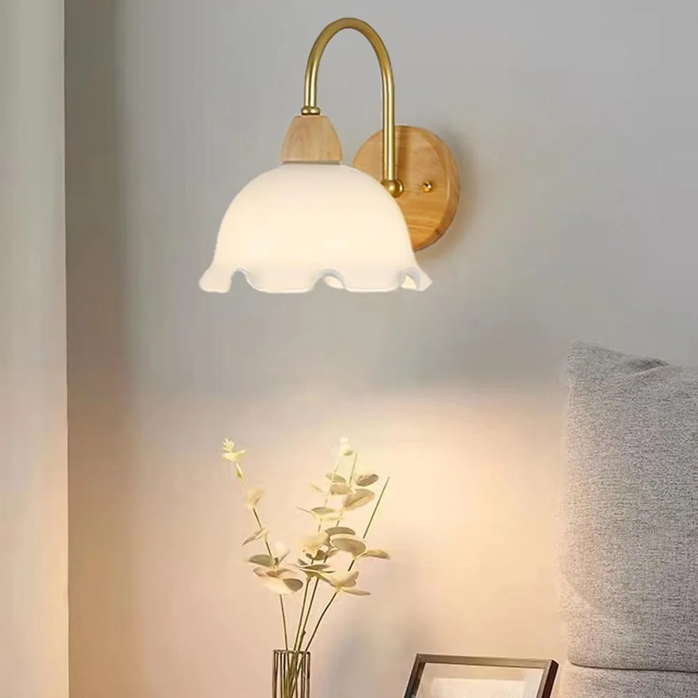 چراغ دیواری گل شیشه شیری وینتیج با گردن غازی و چوب روستایی، چراغ دیواری مدرن اواسط قرن برای اتاق خواب، کنار تخت، حمام، اتاق نشیمن، آشپزخانه / با کلید کششی
