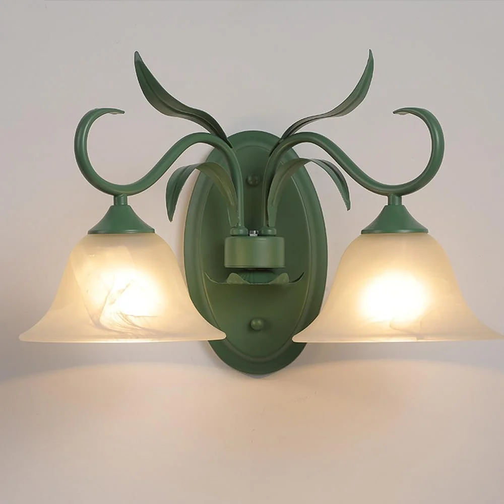چراغ دیواری شیشه ای سبز وینتیج، چراغ دیواری مدرن نوردیک با گل شیشه ای شیری، چراغ دیواری دوگانه 2 لامپی مناسب اتاق خواب، راهرو، اتاق نشیمن، آشپزخانه / 2 لامپ