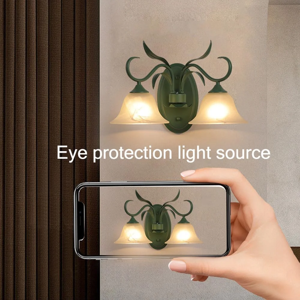 چراغ دیواری شیشه ای سبز وینتیج، چراغ دیواری مدرن نوردیک با گل شیشه ای شیری، چراغ دیواری دوگانه 2 لامپی مناسب اتاق خواب، راهرو، اتاق نشیمن، آشپزخانه / 2 لامپ