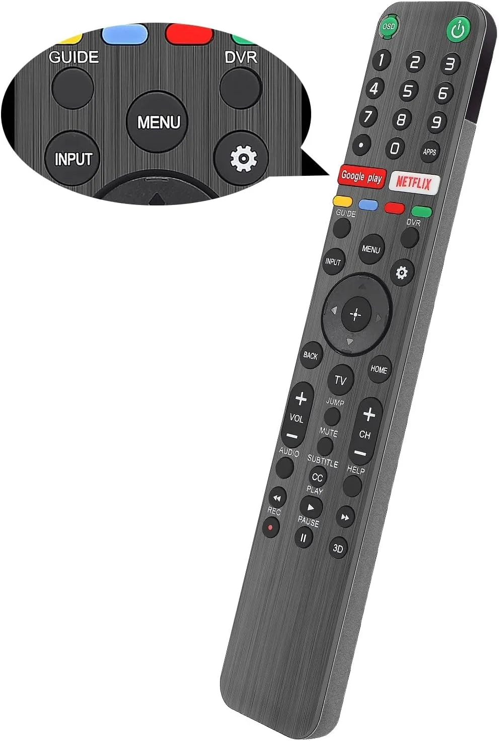 ریموت کنترل یونیورسال Gvirtue RMF-TX500U برای تلویزیون های هوشمند سونی، مناسب برای تمام تلویزیون های سونی Bravia LED OLED LCD 4K UHD HDTV HDR Android، دارای دکمه های Google Play و Netflix (بدون فرمان صوتی)