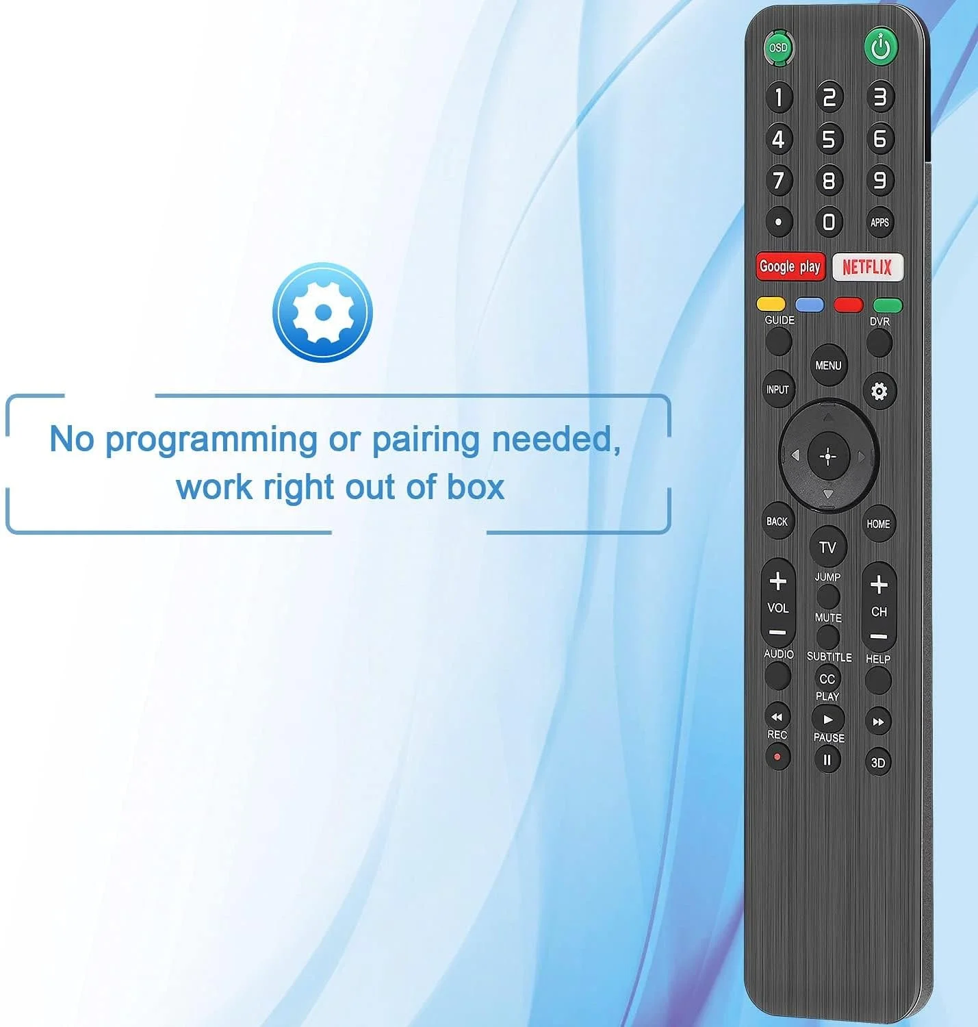 ریموت کنترل یونیورسال Gvirtue RMF-TX500U برای تلویزیون های هوشمند سونی، مناسب برای تمام تلویزیون های سونی Bravia LED OLED LCD 4K UHD HDTV HDR Android، دارای دکمه های Google Play و Netflix (بدون فرمان صوتی)