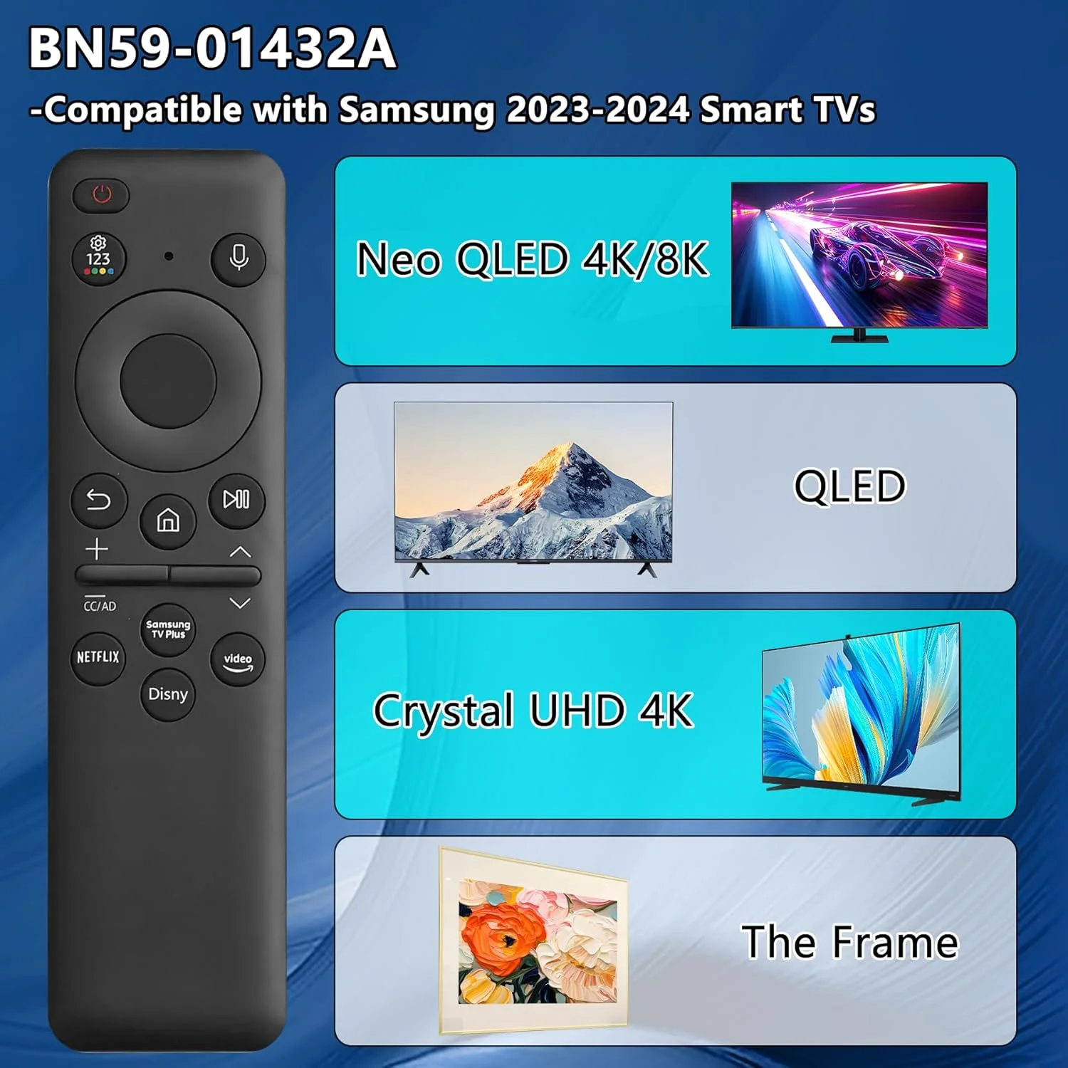 ریموت کنترل اصلی Fourmor BN59-01432A برای تلویزیون سامسونگ، ریموت کنترل بلوتوثی صوتی با عملکرد صدا و بلوتوث - برای سری Neo QLED، 8K، The Frame و Crystal UHD سامسونگ 2023-2024 ریموت کنترل اصلی Fourmor BN59-01432A برای تلویزیون سامسونگ، ریموت کنترل بلوتوثی صوتی با عملکرد صدا و بلوتوث - برای سری Neo QLED، 8K، The Frame و Crystal UHD سامسونگ 2023-2024