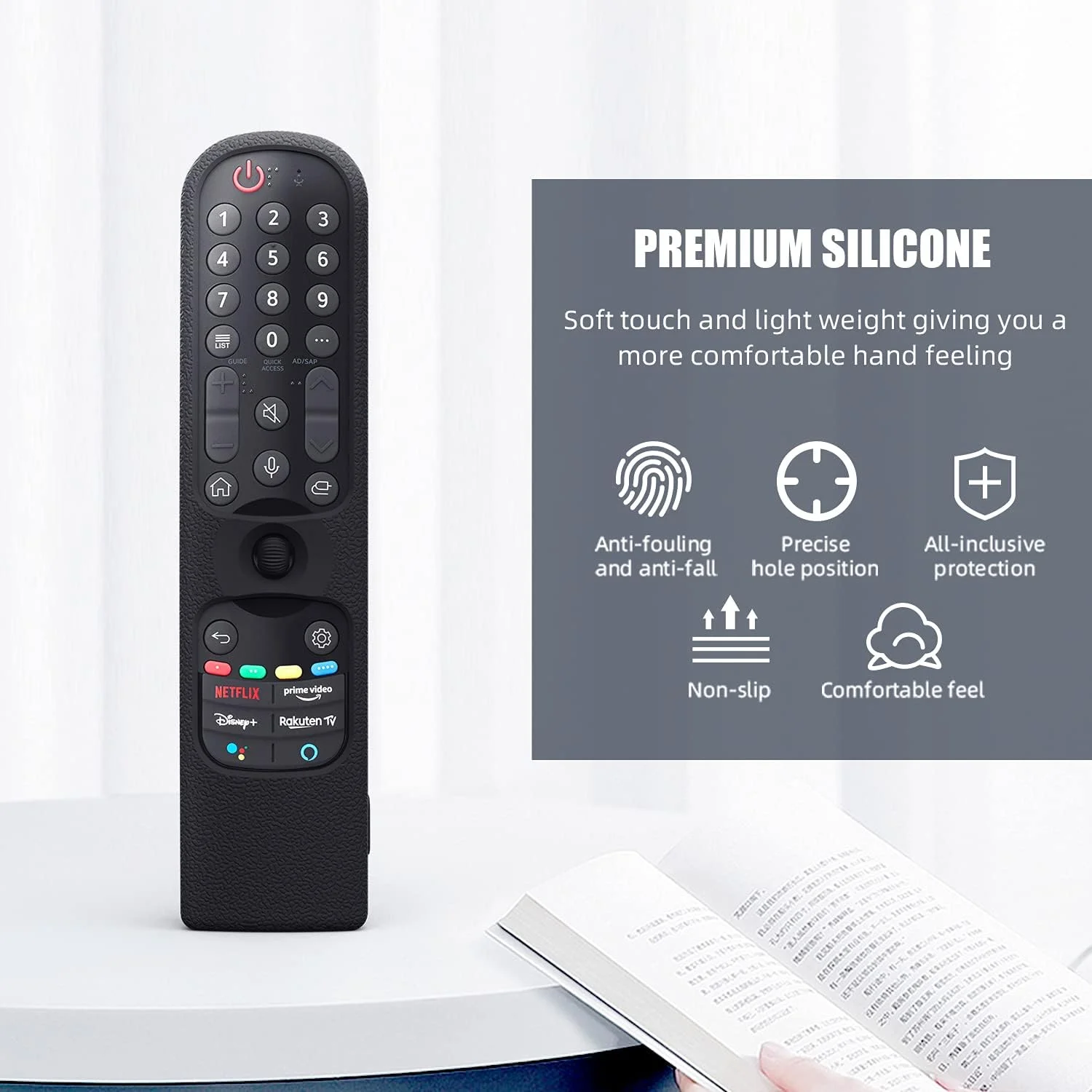 ریموت کنترل جادویی ال‌جی سازگار با بسیاری از مدل‌ها، کلیدهای میانبر نتفلیکس و پرایم ویدیو، گوگل/الکسا به همراه محافظ کنترل تلویزیون