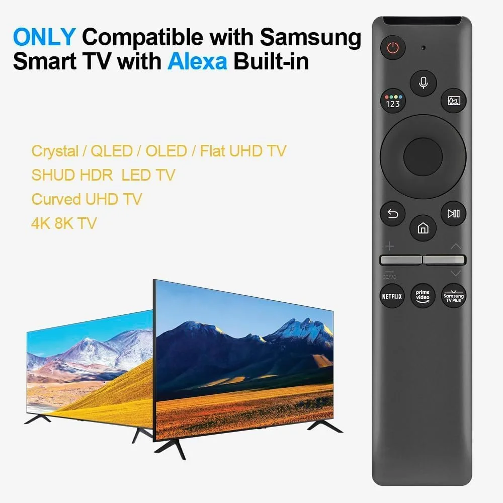 ریموت کنترل صوتی جهانی BURAQ برای تلویزیون سامسونگ، مناسب برای تمام تلویزیون های LED QLED UHD SUHD HDR LCD HDTV 4K 3D Curved Smart سامسونگ، با دکمه های میانبر برای نتفلیکس، پرایم ویدیو، سامسونگ پلاس