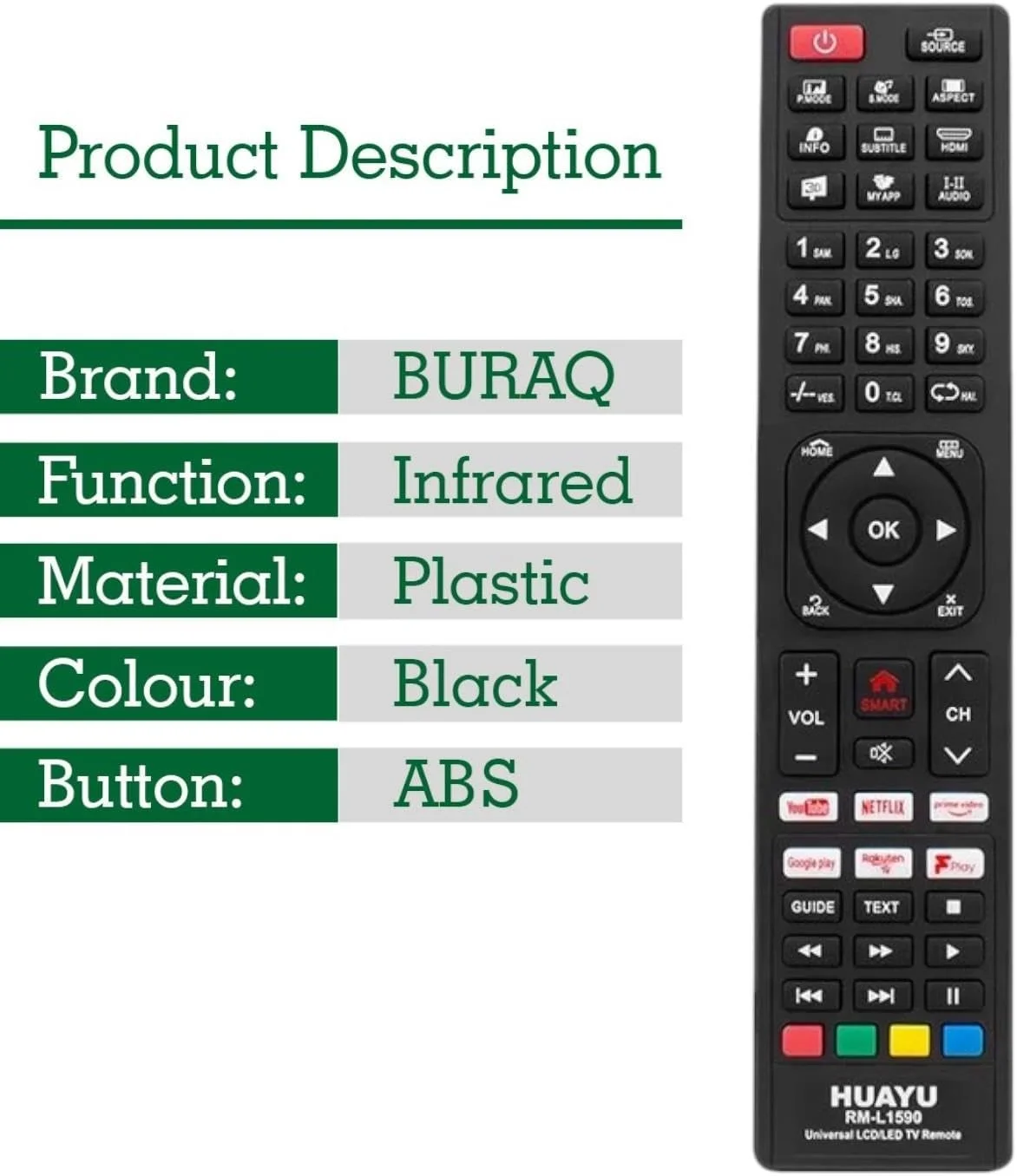 ریموت کنترل جایگزین یونیورسال BURAQ سازگار با تمام تلویزیون های هوشمند LCD LED (نیازمند جفت سازی)