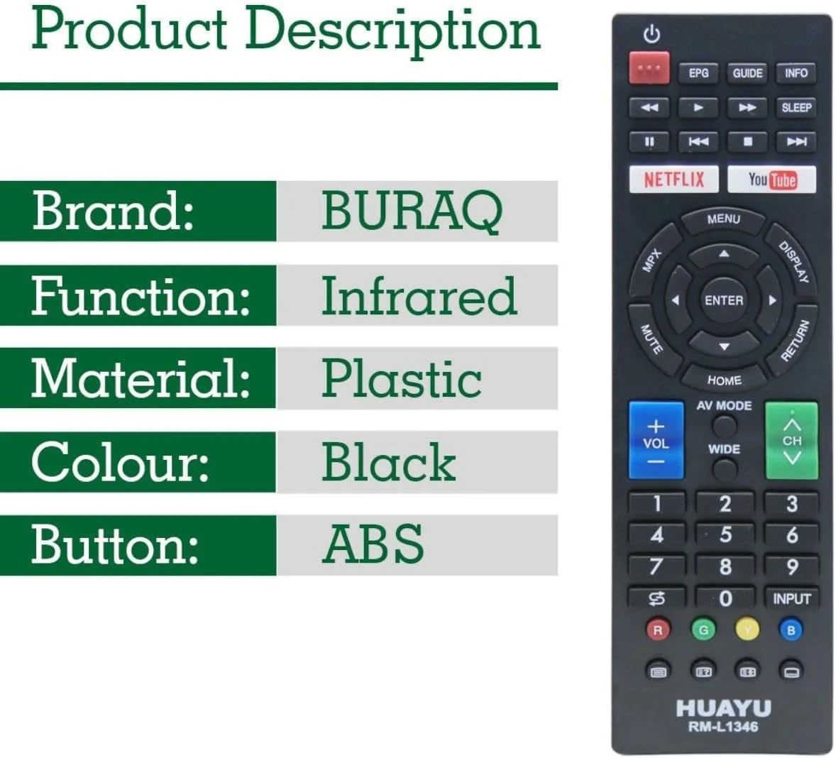 ریموت کنترل جایگزین BURAQ برای تلویزیون های شارپ AQUOS، مدل GB118WJSA مناسب برای تلویزیون های شارپ AQUOS مدل GB004WJSA GB005WJSA GA890WJSA GB105WJSA GA935WJSAE