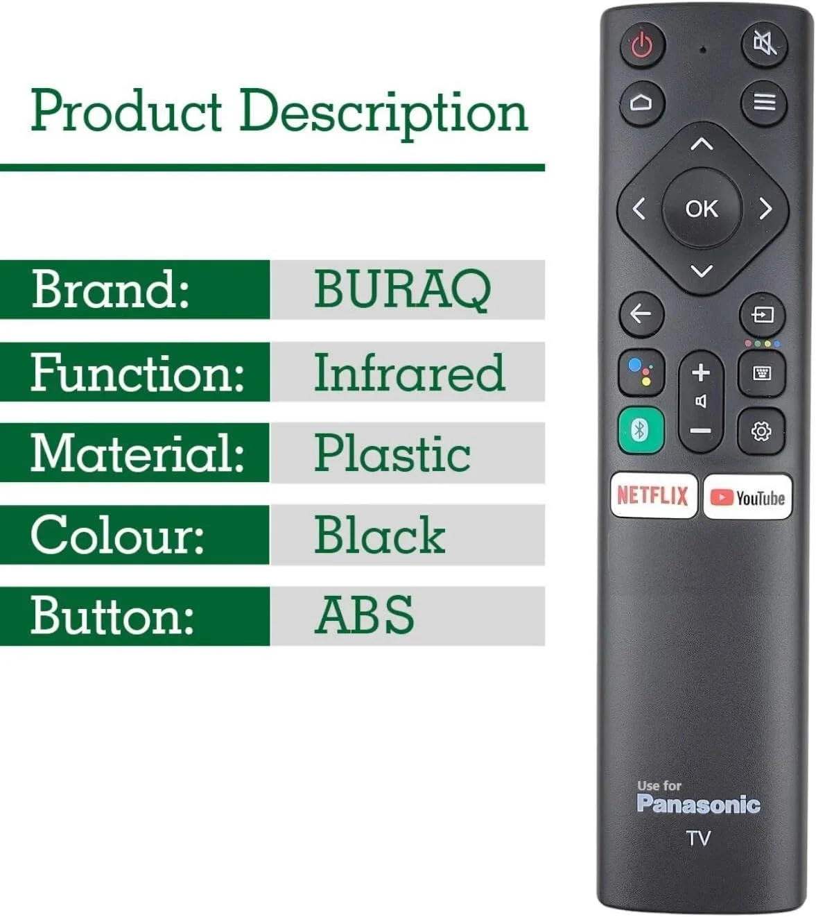 ریموت کنترل جایگزین BURAQ RC870P برای تلویزیون های هوشمند پاناسونیک LCD LED مدل 06-B87W21-PA04XS