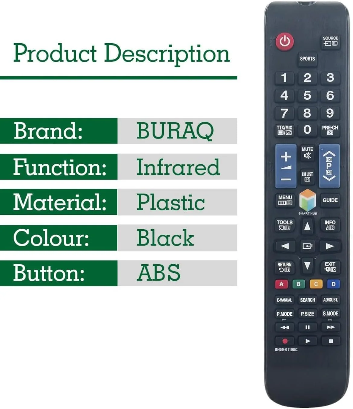 ریموت کنترل جایگزین جدید BURAQ BN59-01198C - جایگزینی ریموت کنترل BN5901198C مناسب برای تلویزیون SAMSUNG BN59 01198C UA60JU6400 UA48JU6400