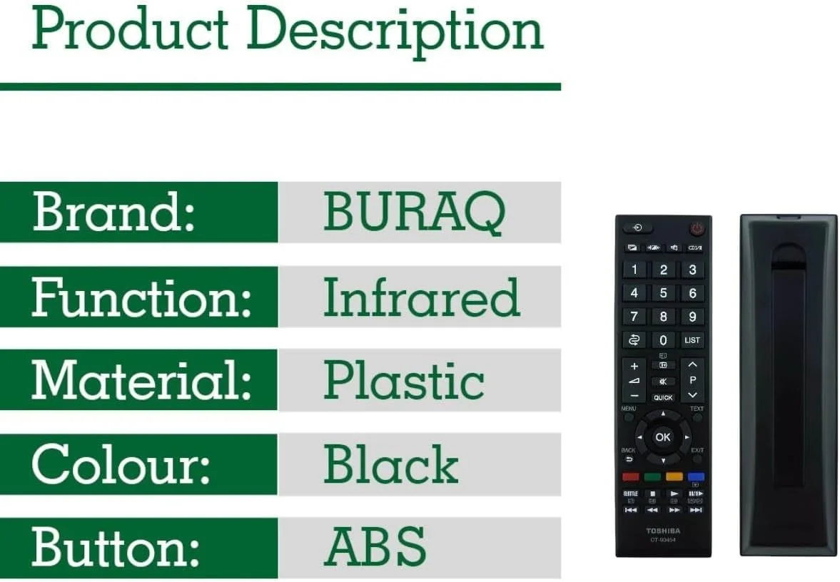 ریموت کنترل جایگزین BURAQ CT-90454 مناسب برای تلویزیون های هوشمند ال سی دی ال ای دی توشیبا مدل های 37AV616DB 40LV665DB 42AV635DB 42HL800A 42RV635DB