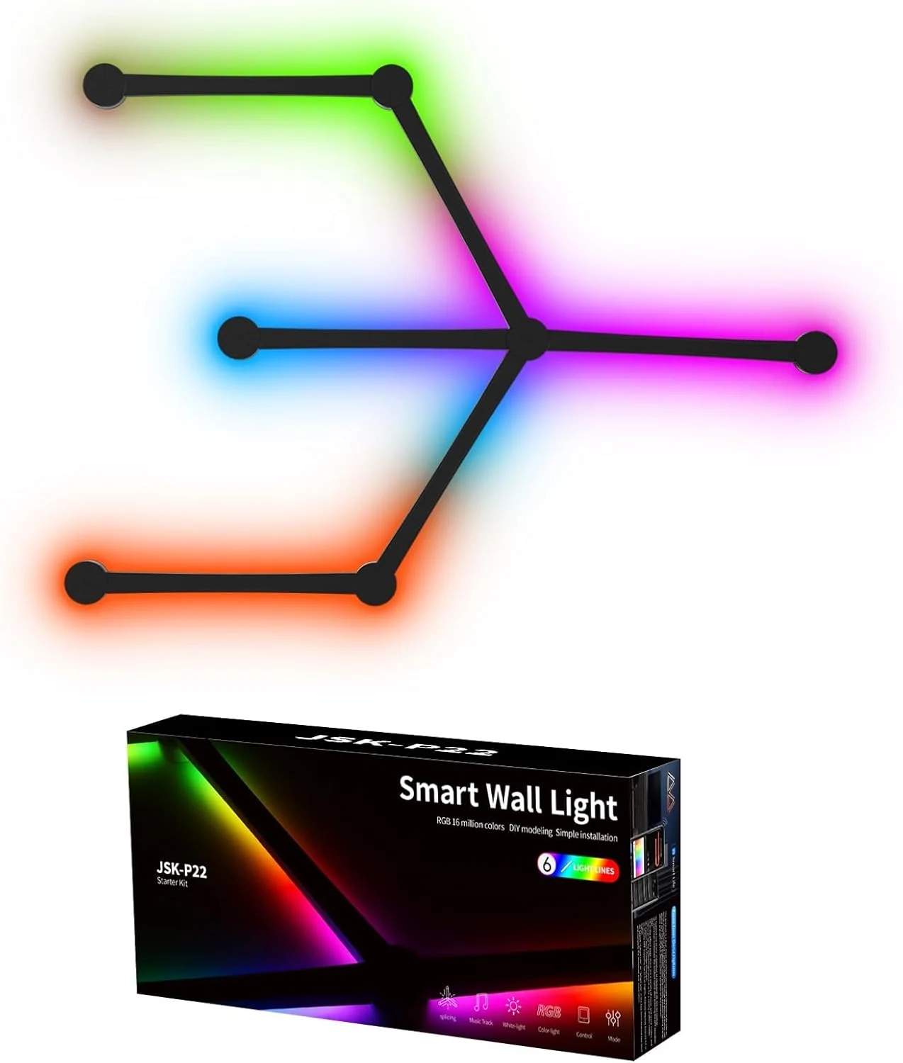 چراغ دیواری RGB نالاکال، چراغ‌های دکوراسیون منزل با نور پس‌زمینه، چراغ‌های گیمینگ LED DIY با قابلیت تغییر رنگ و اتصال هندسی، سازگار با الکسا و دستیار گوگل برای اتاق بازی، اتاق خواب (6 خط، مشکی)