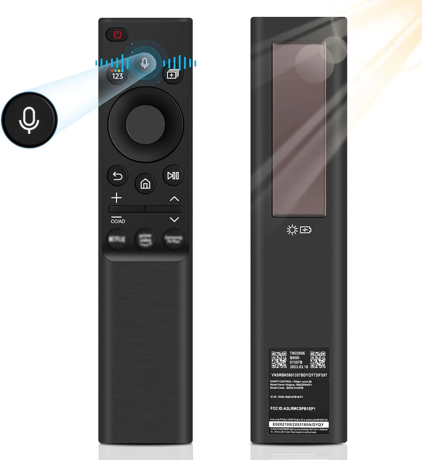 ریموت کنترل جایگزین برای سامسونگ، ریموت کنترل صوتی شارژ خورشیدی BN59-01357B برای تلویزیون هوشمند سامسونگ، یونیورسال برای ریموت کنترل های تلویزیون سامسونگ سازگار با تلویزیون های هوشمند Neo LED 2021-2022 سامسونگ