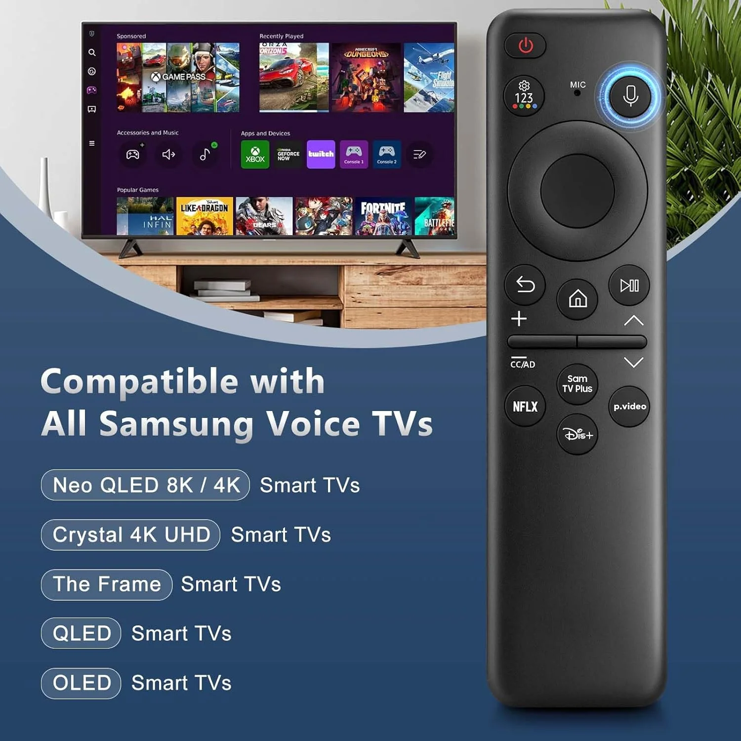 ریموت صوتی شارژی برای تلویزیون های هوشمند سامسونگ Frame Solar Crystal QLED OLED Neo UHD CU8000 DU8000 CU7000 DU7200 Q60C/D Q70C/D Q80C/D QN85C/D QN90C Magic 4K 8K مدل BN59-01432A