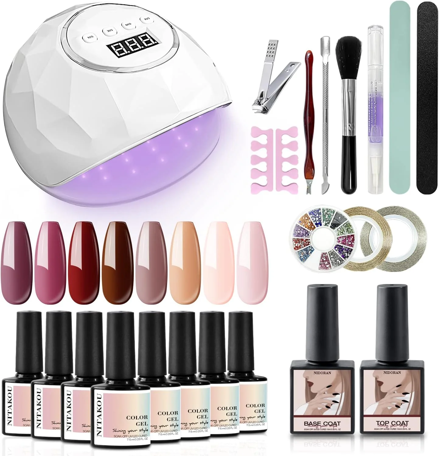 کیت لاک ژل نیتاکو با دستگاه LED 86 واتی، 8 عدد لاک ژل سری رنگ های نود به همراه بیس و تاپ کت برای ست مبتدی طراحی ناخن و مانیکور در خانه کیت لاک ژل نیتاکو با دستگاه LED 86 واتی، 8 عدد لاک ژل سری رنگ های نود به همراه بیس و تاپ کت برای ست مبتدی طراحی ناخن و مانیکور در خانه