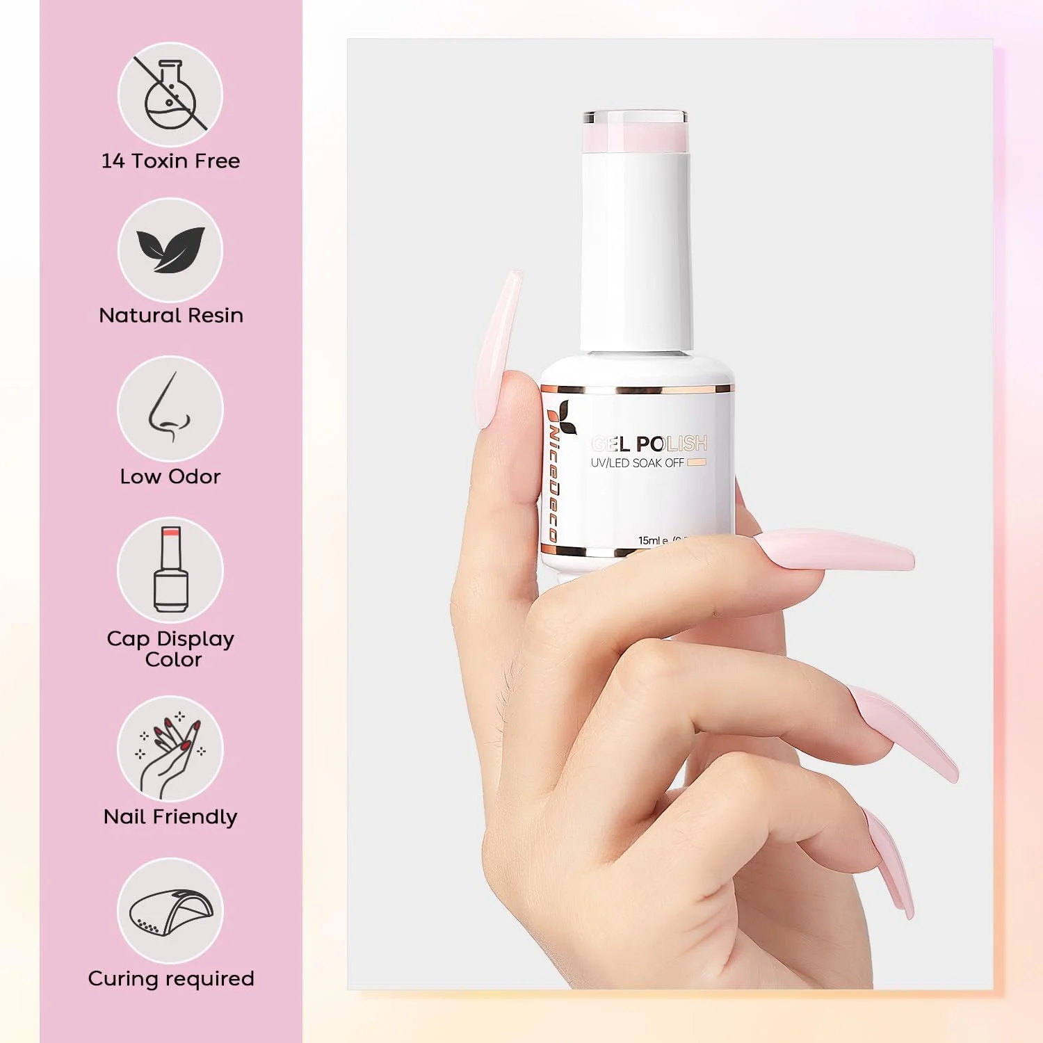 لاک ژل نیمه دائمی 15 میلی لیتری Nicedeco، لاک ژل صورتی شیری، لاک ژل UV LED Soak Off برای طراحی ناخن، مانیکور DIY - صورتی شیری 013