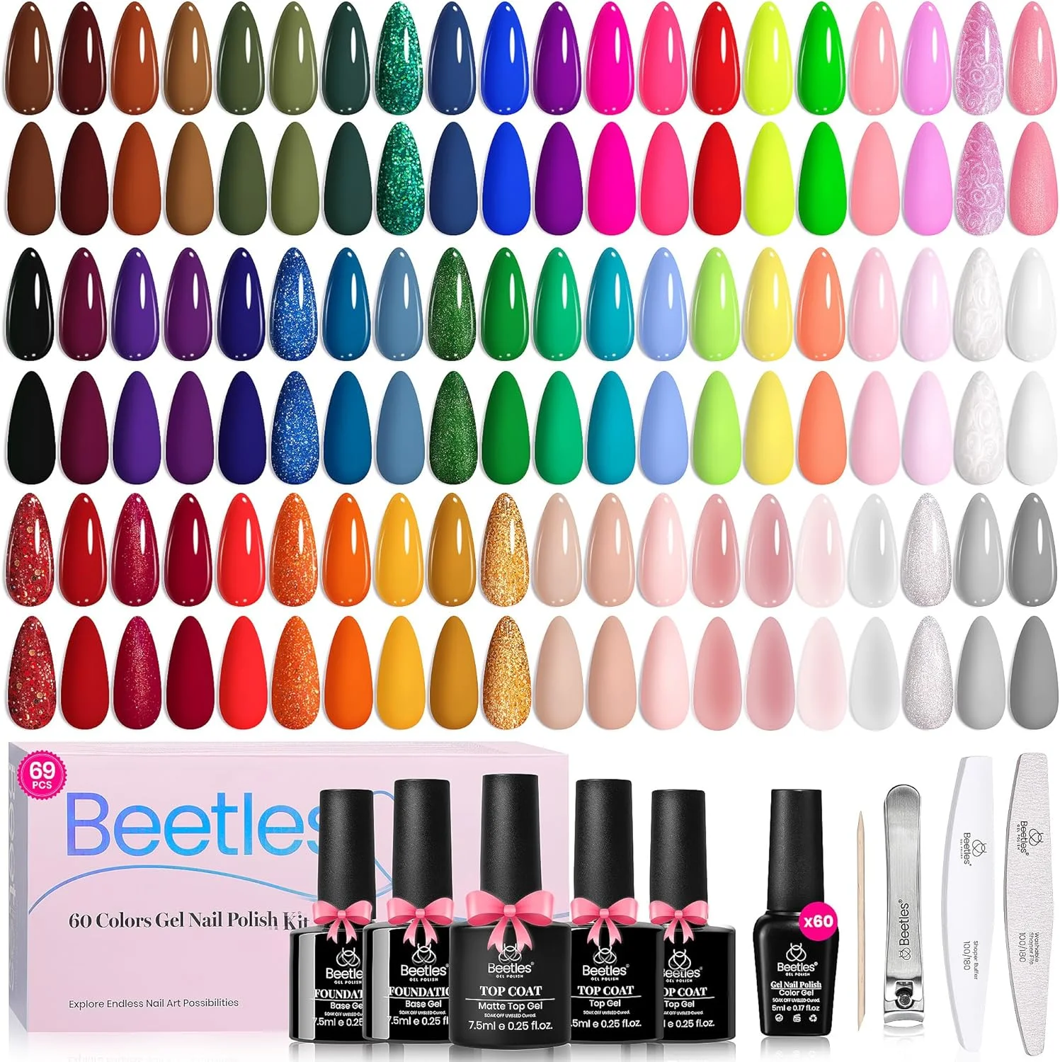 ست لاک ژل 60 رنگی Beetles، کیت لاک ژل UV پاییزی، ژله ای، قهوه ای، اکلیلی، صورتی کالباسی، سفید، قرمز، آبی، سبز به همراه بیس کت و تاپ کت براق و مات، هدیه برای خانم ها ست لاک ژل 60 رنگی Beetles، کیت لاک ژل UV پاییزی، ژله ای، قهوه ای، اکلیلی، صورتی کالباسی، سفید، قرمز، آبی، سبز به همراه بیس کت و تاپ کت براق و مات، هدیه برای خانم ها