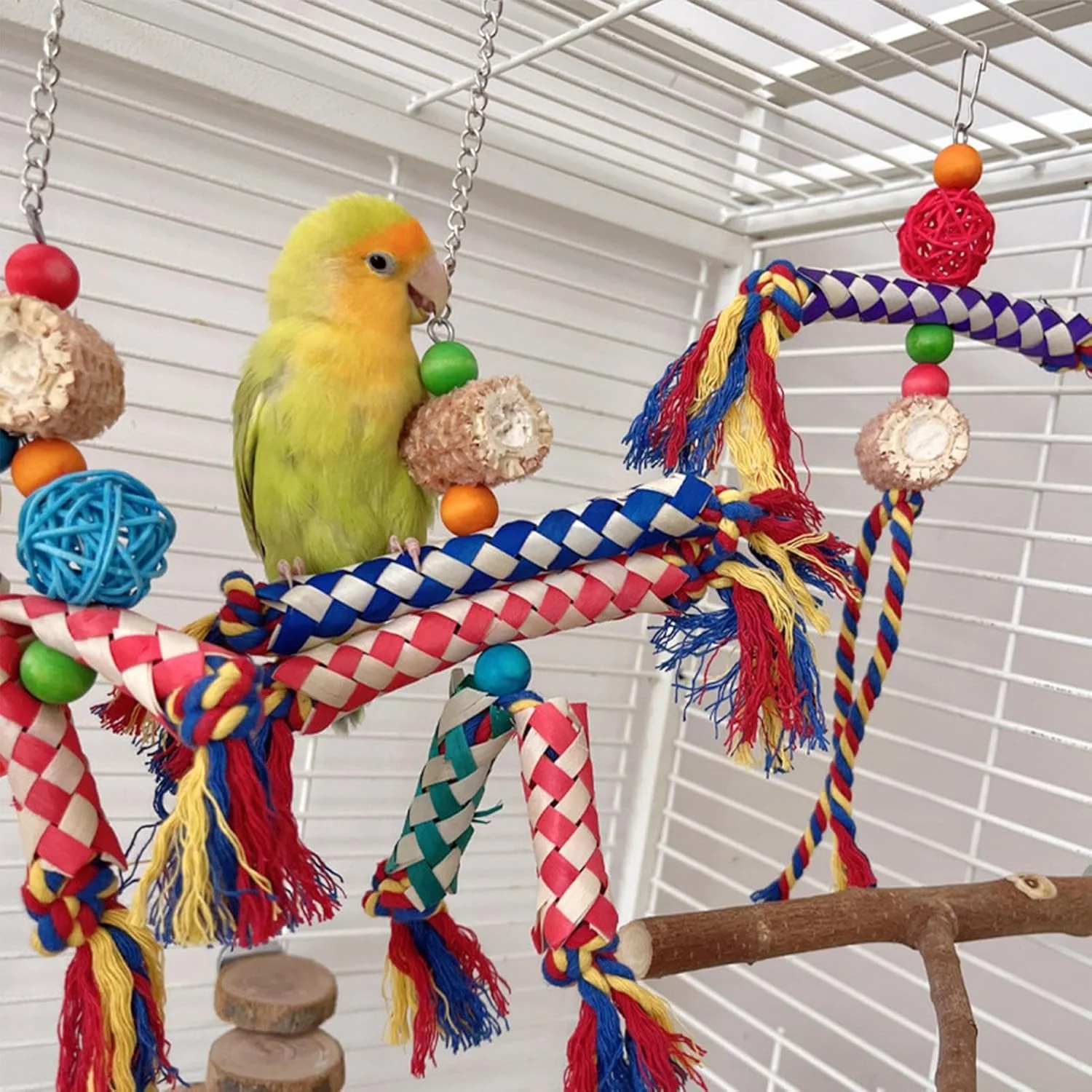 اسباب بازی پرنده برای قفس | طناب بازی خوراکی پاراکیت | طناب جویدنی تعاملی قفس پرنده برای عروس هلندی، کوتوله برزیلی، مرغ عشق و کانور