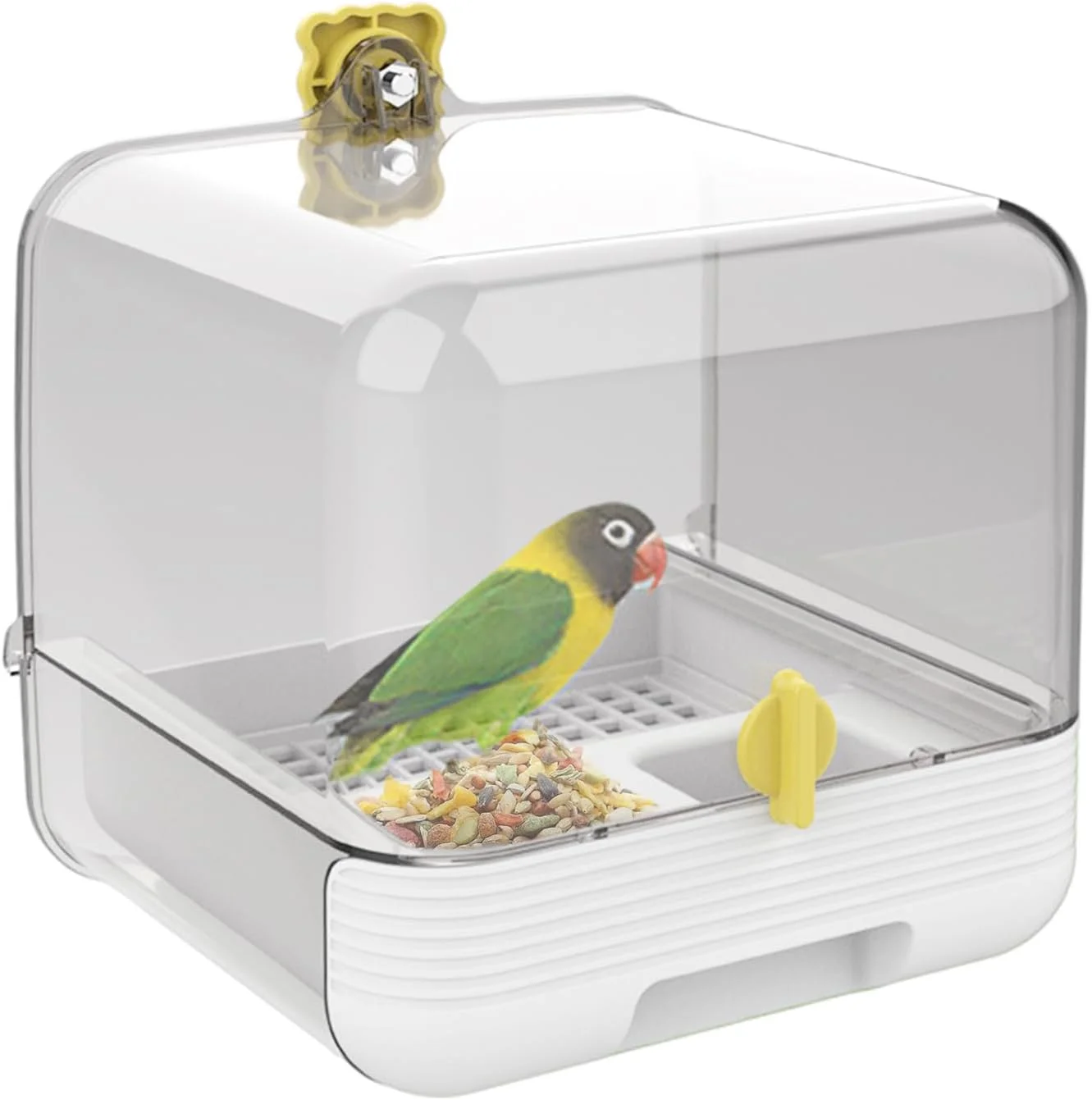 حمام طوطی - ظرف غذای کشویی پرنده خانگی، طراحی شفاف 2 در 1 کاسه ای برای حیوانات خانگی در داخل خانه، فضای باز، حیاط، عرشه، باغ