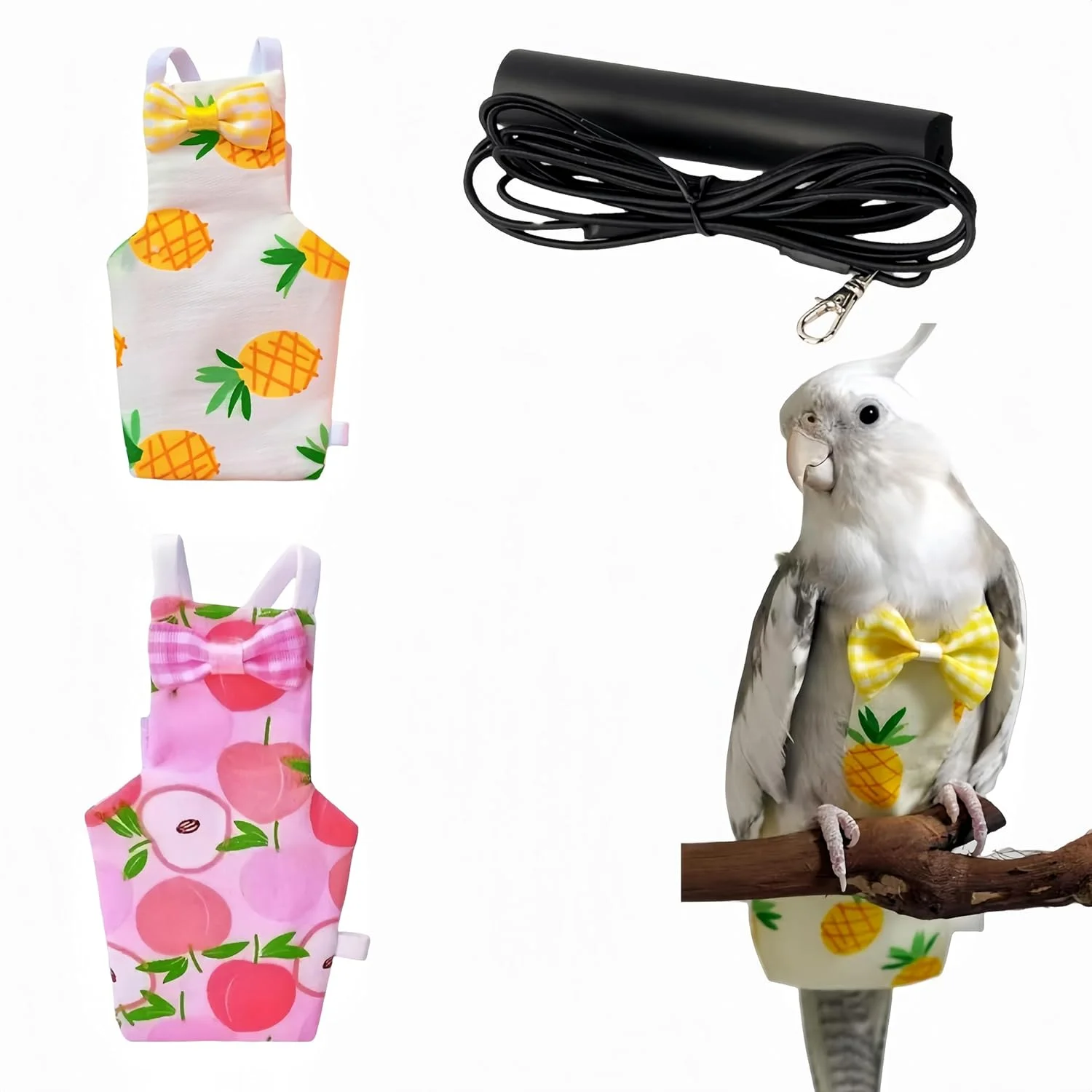 ست پوشک پرنده Magnoloran شامل 2 عدد پوشک پرنده، لباس پرواز و افسار پرواز 80 اینچی، پوشک قابل استفاده مجدد طوطی با لایه داخلی ضد آب برای کوکاتیل، مرغ عشق، کانور، پاراکیت و کبوتر - سیب و آناناس