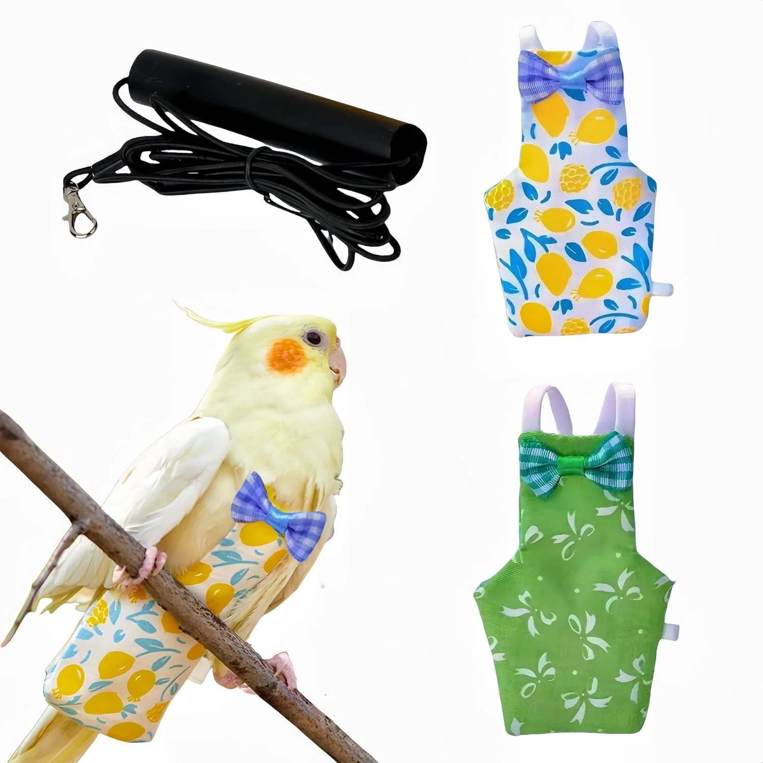 ست لباس پرواز پرنده Magnoloran شامل 2 عدد پوشک پرنده، افسار پرواز 80 اینچی، پوشک قابل استفاده مجدد طوطی با لایه داخلی ضد آب برای کوکاتیل، باجریگار، کانور، پاراکیت، مرغ عشق - طرح پاپیون و لیمو