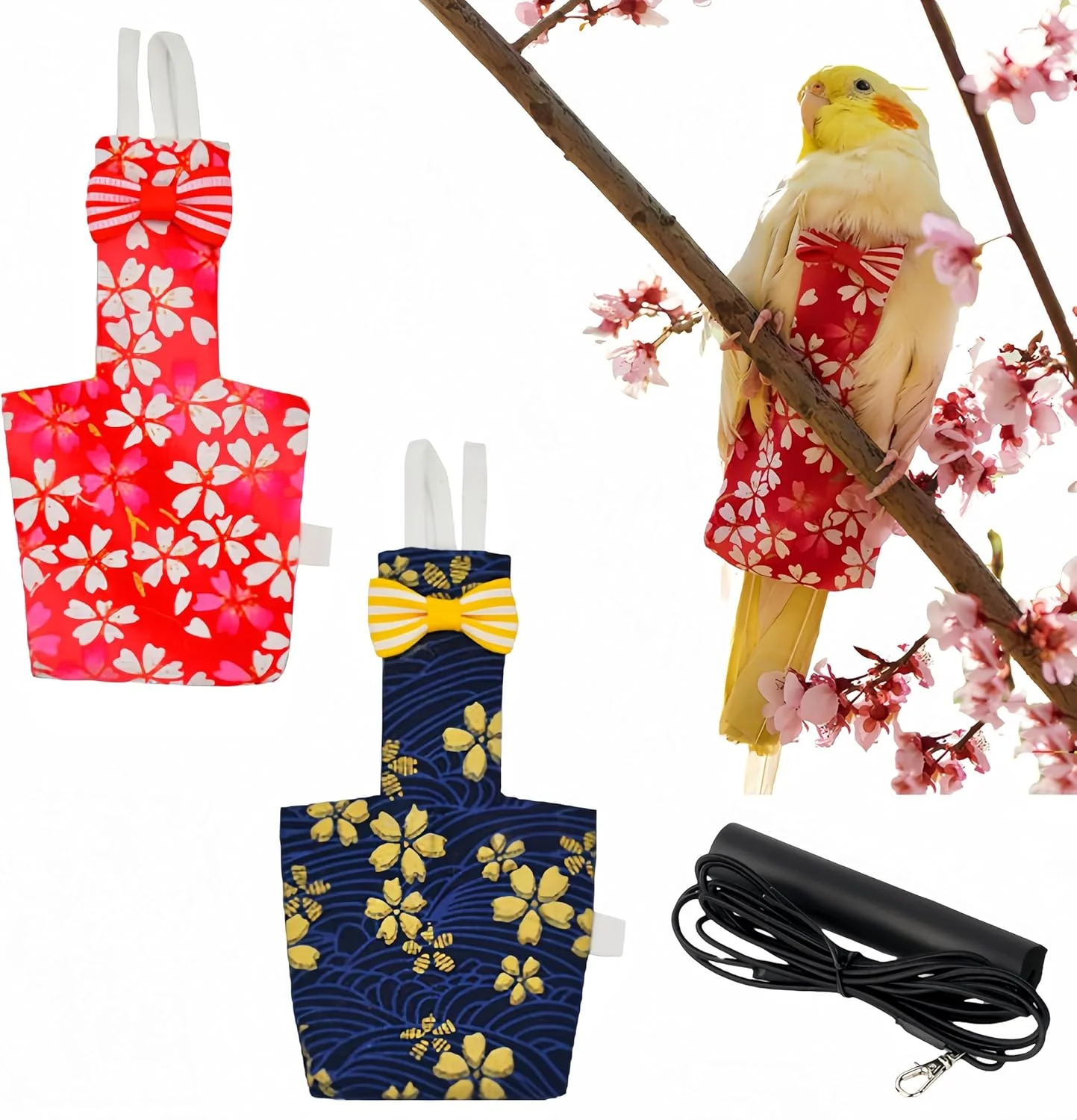 ست دو عددی پوشک پرنده Magnoloran، لباس پرواز با افسار پرواز 203 سانتی‌متری، پوشک قابل استفاده مجدد برای طوطی، دارای لایه داخلی ضد آب برای کوکاتیل، باجریگار، کانور، پاراکیت، مرغ عشق - قرمز و آبی تیره