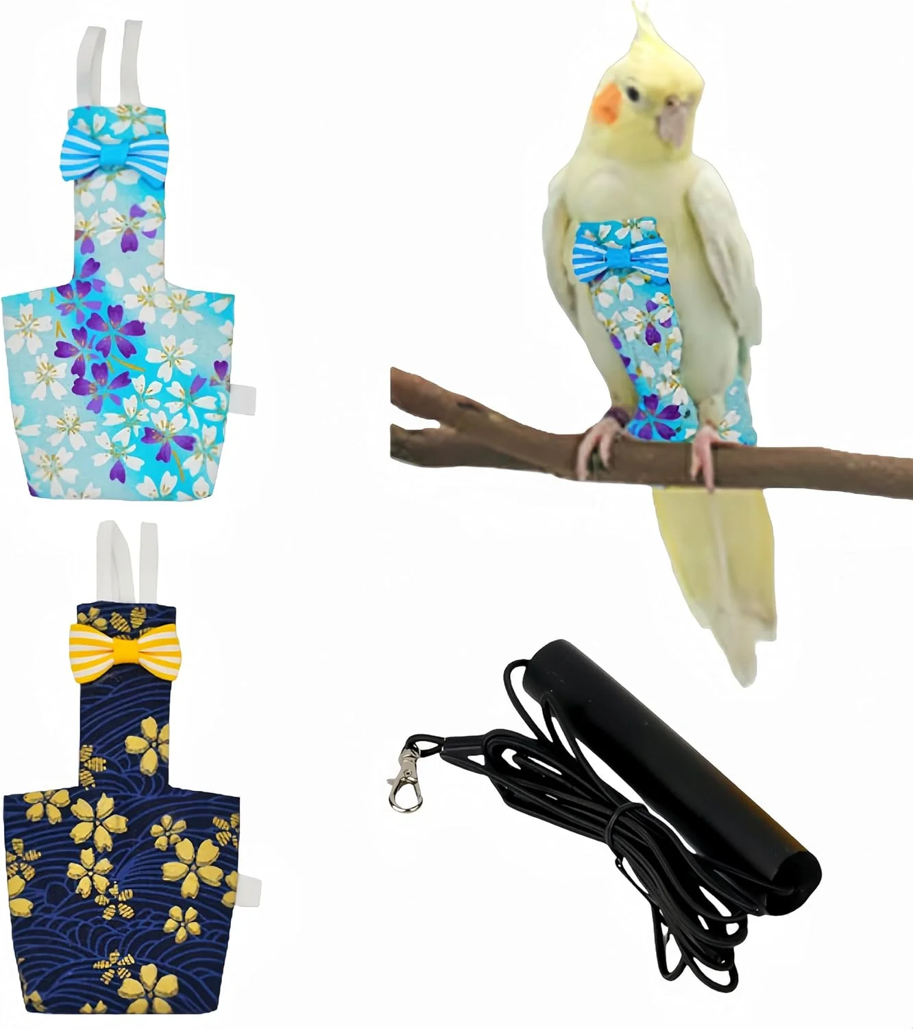 ست پوشک پرنده و افسار پرواز Magnoloran، شامل 2 عدد پوشک پرنده با افسار پرواز 80 اینچی، پوشک قابل استفاده مجدد طوطی با لایه داخلی ضد آب برای عروس هلندی، مرغ عشق، کانور، پاراکیت و لاوبرد - آبی تیره و روشن