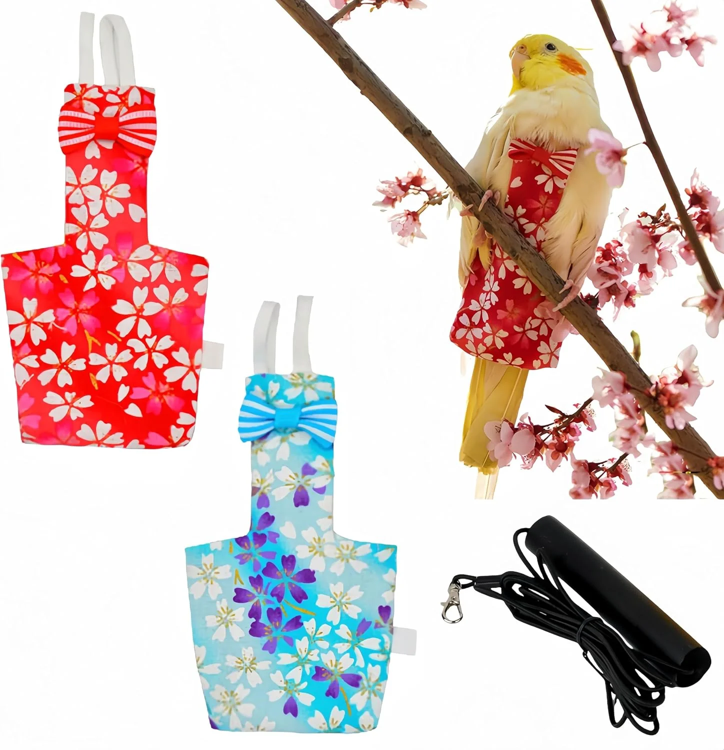 ست پوشک پرنده Magnoloran شامل 2 عدد پوشک پرنده، لباس پرواز، همراه با بند پرواز 80 اینچی، پوشک قابل استفاده مجدد برای طوطی، دارای لایه داخلی ضد آب برای کوکاتیل، باجریگار، کانور، پاراکیت و مرغ عشق - قرمز و آبی روشن