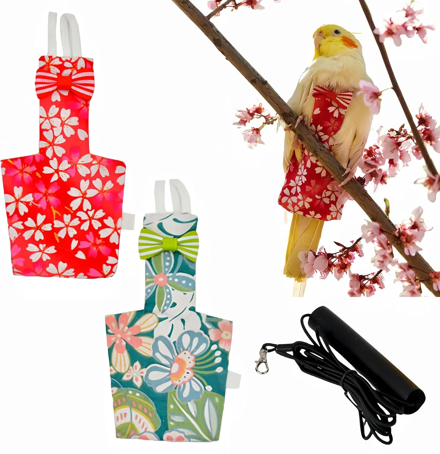 Magnoloran 2 عدد پوشک پرنده، لباس پرواز هارنس پرنده با بند پرواز 80 اینچی، پوشک طوطی قابل استفاده مجدد با لایه داخلی ضد آب برای عروس هلندی، مرغ عشق، کانور، پاراکیت، مرغ عشق - قرمز و سبز