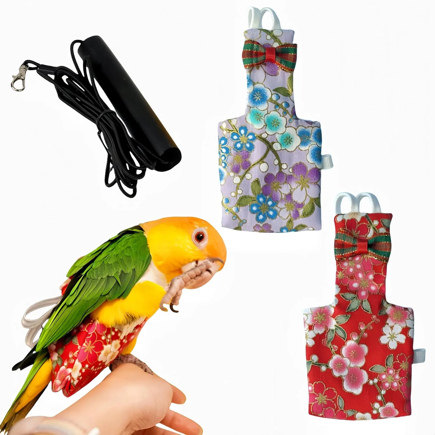 ست لباس پرواز و پوشک پرنده ماگنولوران، 2 تکه، همراه با بند پرواز 80 اینچی، پوشک قابل استفاده مجدد طوطی با لایه داخلی ضد آب، مناسب برای عروس هلندی، مرغ عشق، کانور، پاراکیت و لاوبرد - قرمز و بنفش