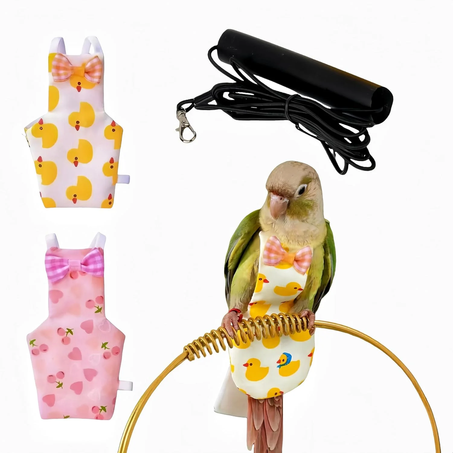 ست 2 عددی پوشک پرنده مگنولوران، لباس پرواز با افسار پرواز 80 اینچی، پوشک قابل استفاده مجدد طوطی با لایه داخلی ضد آب برای کوکاتیل، مرغ عشق، کانور، پاراکیت، مرغ مینا - قلب و اردک