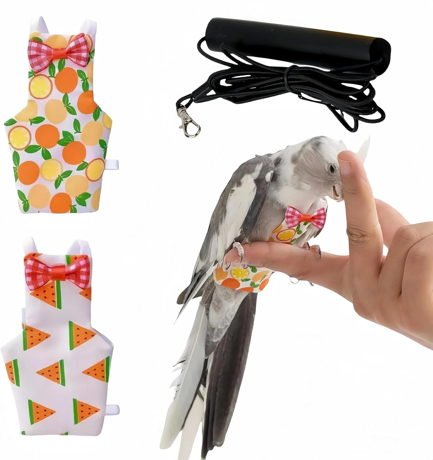 ست لباس پرواز پرنده Magnoloran شامل 2 عدد پوشک پرنده، افسار پرواز 80 اینچی، پوشک قابل استفاده مجدد طوطی با لایه داخلی ضد آب برای کوکاتیل، باجی، کانور، پاراکیت، مرغ عشق - هندوانه و نارنجی